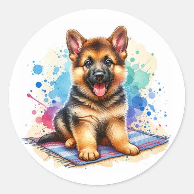 German Shepherd Puppy Watercolor Ai Art Runder Aufkleber (Vorderseite)