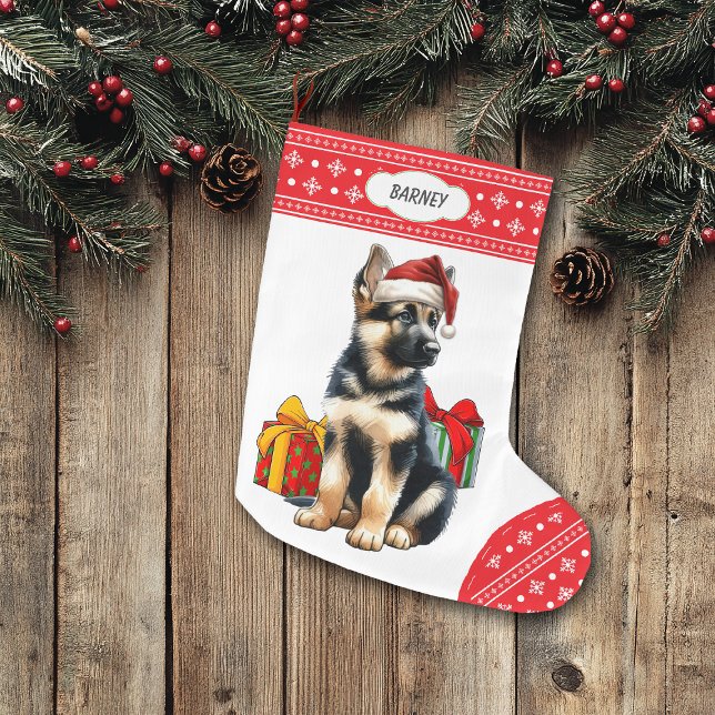 German Shepherd Puppy Weihnachtsmannmütze Snowflak Großer Weihnachtsstrumpf (Von Creator hochgeladen)