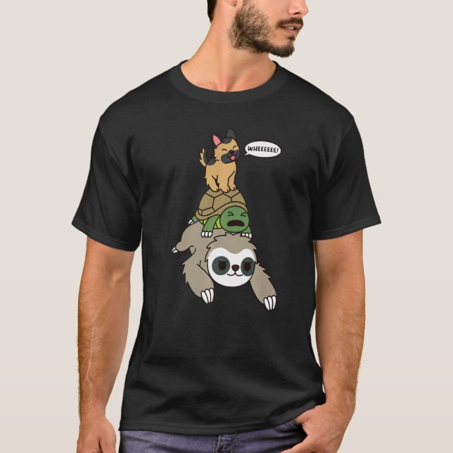 German Shepherd Riding Sloth Tortoise Dog T-Shirt (Vorderseite)