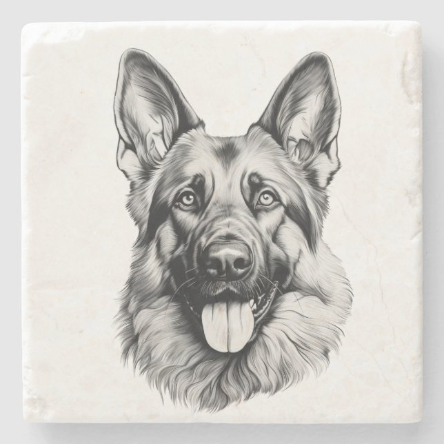 German Shepherd Sketch Stone Coaster | B&W Steinuntersetzer (Vorderseite)