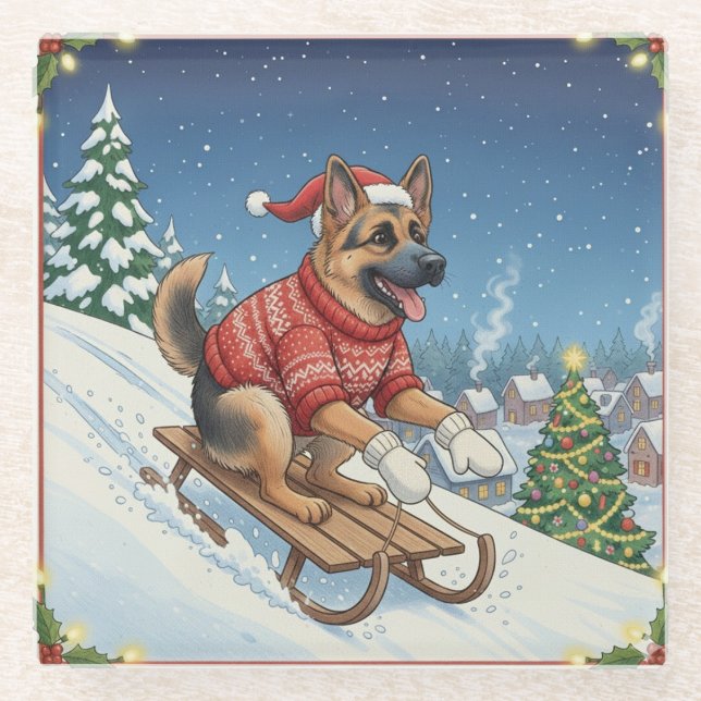German Shepherd Sledding, Christmas Coaster Glasuntersetzer (Vorderseite)
