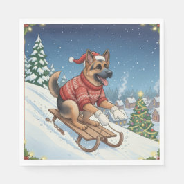 German Shepherd Sledding, Christmas Napkins Serviette