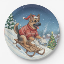 German Shepherd Sledding, Christmas Plates