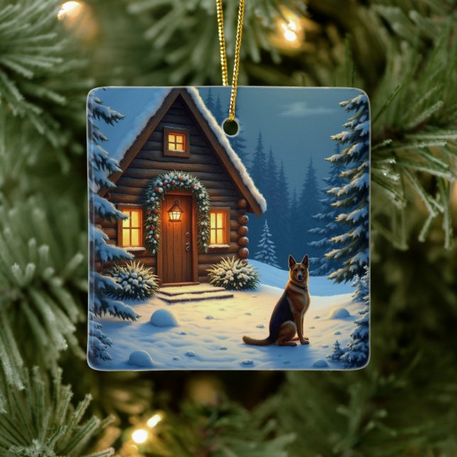 German Shepherd Snowy Forest Cabin Christmas Paint Keramikornament (Baum)