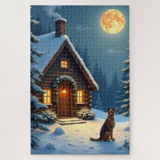 German Shepherd Snowy Forest Cabin Christmas Paint Puzzle (Vertikal)