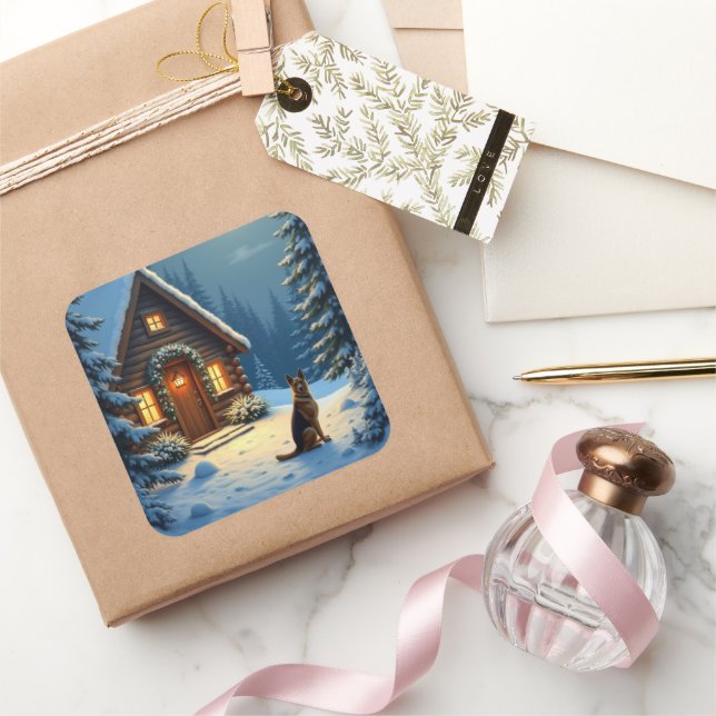 German Shepherd Snowy Forest Cabin Christmas Paint Quadratischer Aufkleber (Schenken)