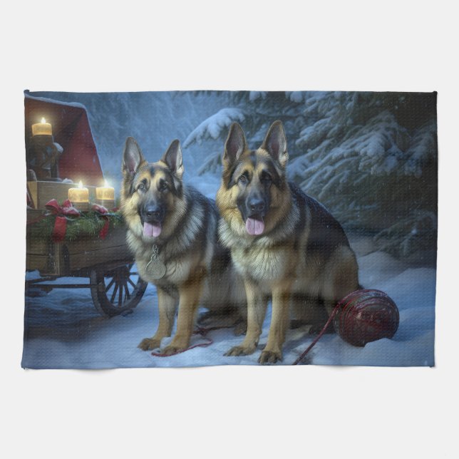 German Shepherd Snowy Sleigh Weihnachtsdekor Geschirrtuch (Horizontal)