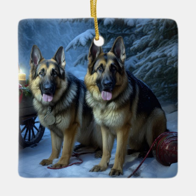German Shepherd Snowy Sleigh Weihnachtsdekor Keramikornament (Vorderseite)