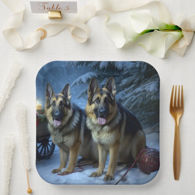 German Shepherd Snowy Sleigh Weihnachtsdekor Pappteller (Hochzeit)