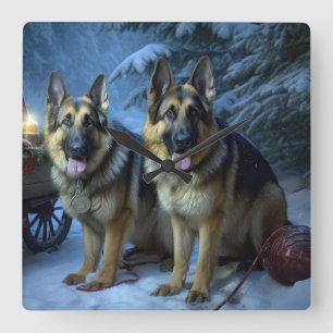 German Shepherd Snowy Sleigh Weihnachtsdekor Quadratische Wanduhr