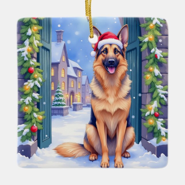 German Shepherd Snowy Town Gate Santa Christmas Keramikornament (Vorderseite)