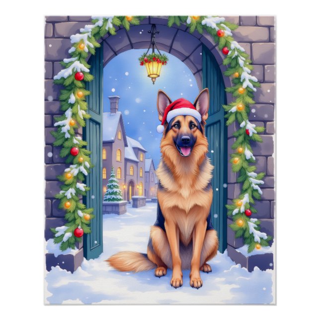 German Shepherd Snowy Town Gate Santa Christmas Poster (Vorderseite)