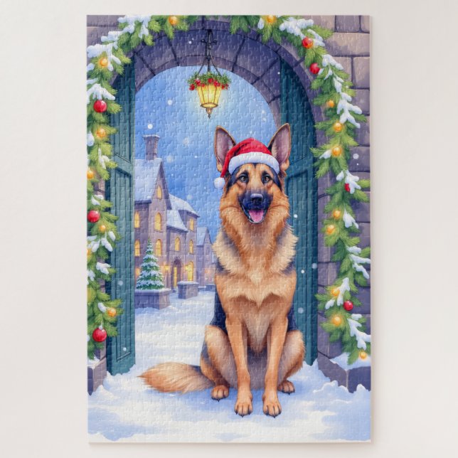 German Shepherd Snowy Town Gate Santa Christmas Puzzle (Vertikal)