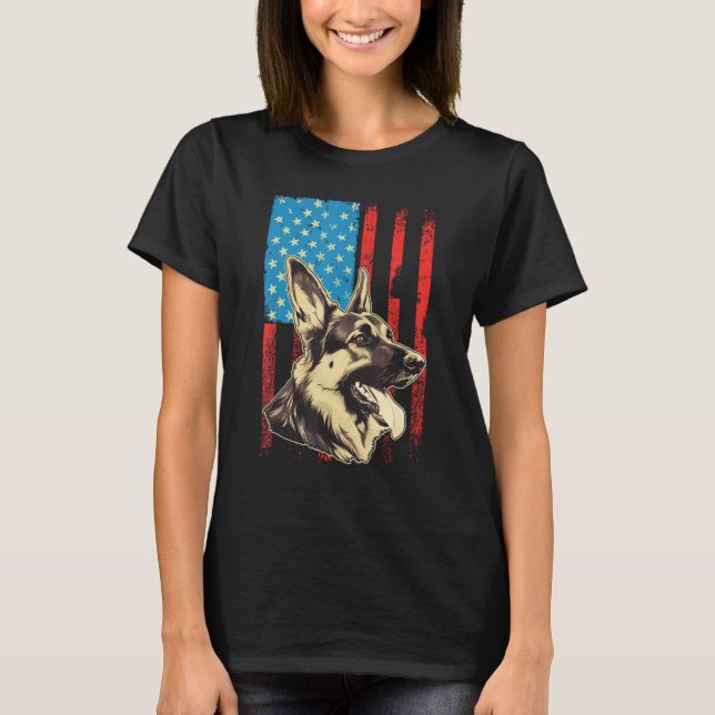 German Shepherd USA American Flag 4th of July Grun T-Shirt (Vorderseite)