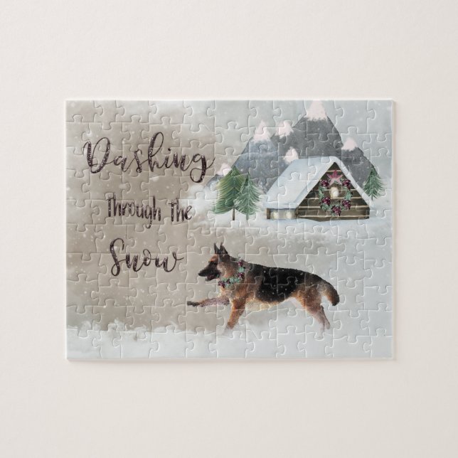 German Shepherd Watercolor Happy Holiday Scene Puzzle (Horizontal)