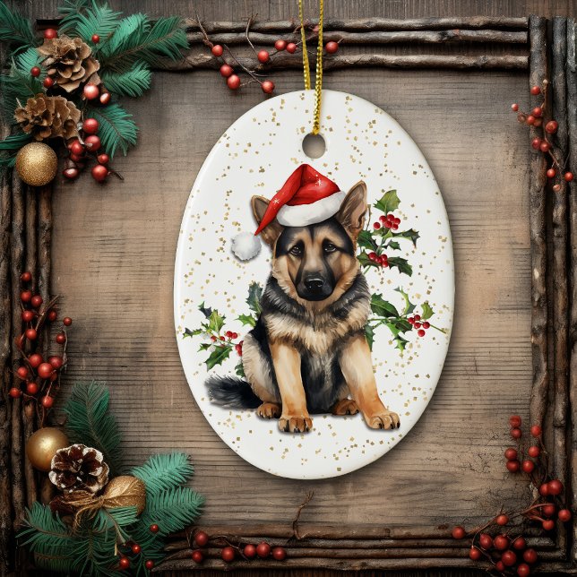 German Shepherd Welppy Christmas Holly Keramik Ornament (Von Creator hochgeladen)