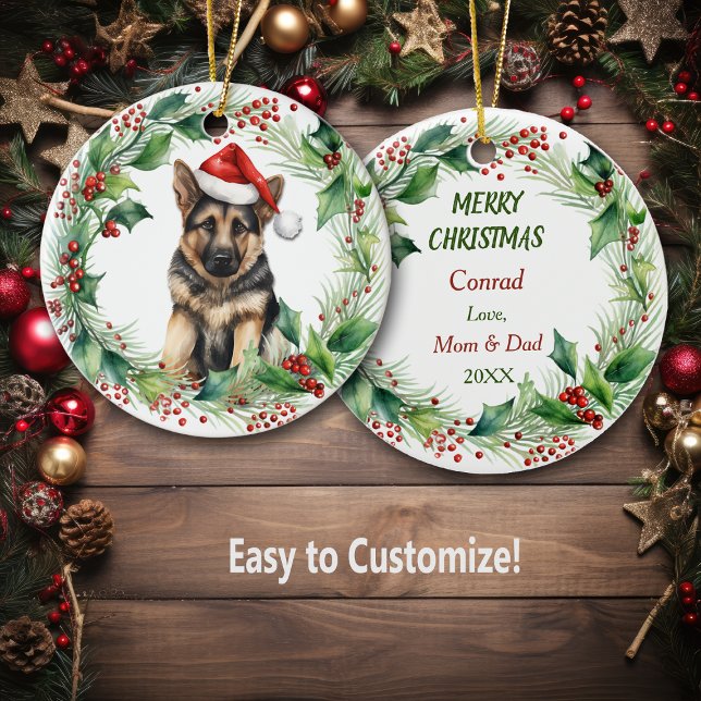 German Shepherd Welppy Holly Wreath Weihnachten Keramik Ornament (Von Creator hochgeladen)