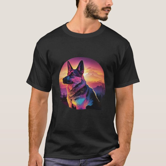 German Shepherd with a Nostalgic 80s Retrowave Aes T-Shirt (Vorderseite)