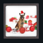 German Shepherdog w Christmas Gifts Weihnachtsmann Kiste<br><div class="desc">Ein niedlicher deutscher Schäferhund sitzt mit Weihnachtsschmuck und Geschenken mit Weihnachtsmannmütze. Ein perfekter Weg Weihnachten zu feiern!</div>