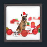 German Shepherdog w Christmas Gifts Weihnachtsmann Kiste<br><div class="desc">Ein niedlicher deutscher Schäferhund sitzt mit Weihnachtsschmuck und Geschenken mit Weihnachtsmannmütze. Ein perfekter Weg Weihnachten zu feiern!</div>