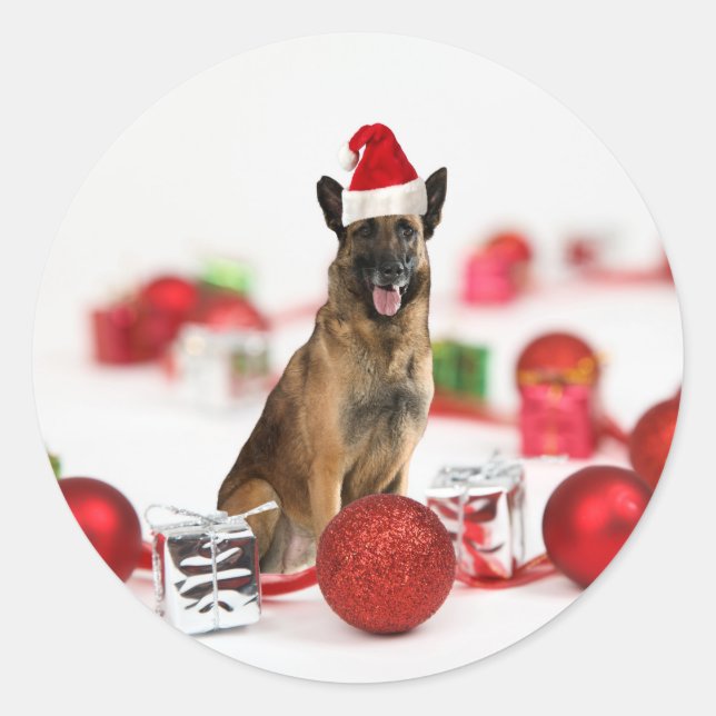 German Shepherdog w Christmas Gifts Weihnachtsmann Runder Aufkleber (Vorderseite)