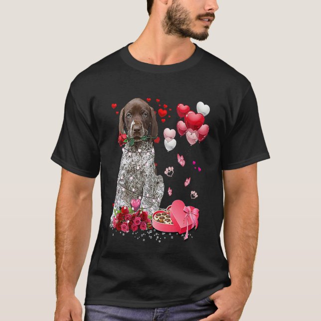 German Shorthaired Pointer Rose Heart Happy Valent T-Shirt (Vorderseite)
