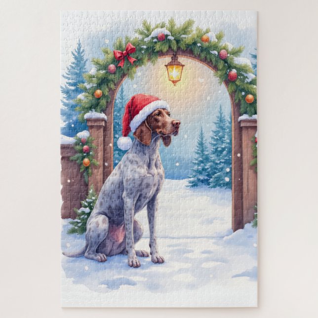 German Shorthaired Pointer Snowy Gate Santa Hat Puzzle (Vertikal)
