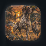 German Shorthaired Pointers Pappteller<br><div class="desc">German Shorthaired Pointer hunting dog design featuring a beautiful wildlife hunting scene. This artwork shows a proud pointer dog in classic hunting stance surrounded by forest wildlife including deer, fox, wild boar and pheasants. Perfect for hunters, hunting dog lovers and German Shorthaired Pointer owners. A great gift idea for hunters,...</div>