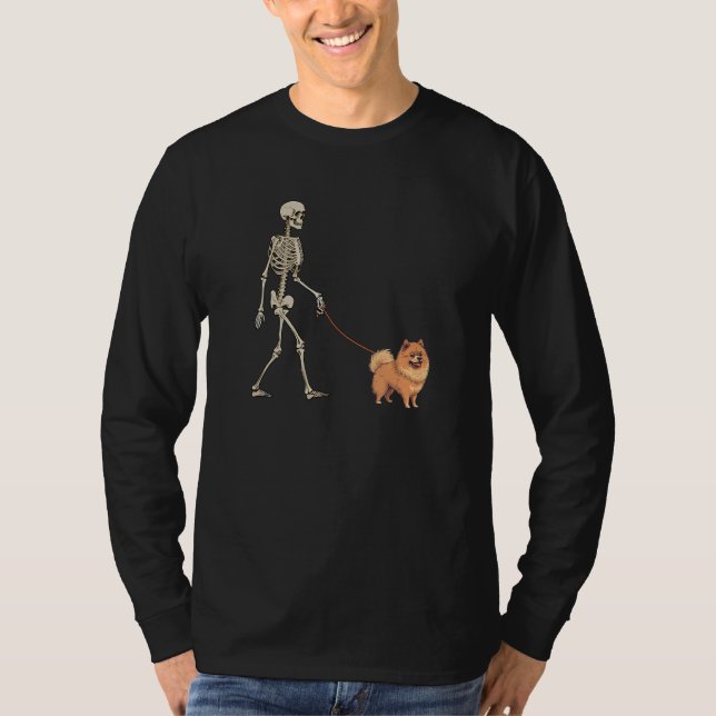 German Spitz Skeleton Dog Walking Halloween Dog T-Shirt (Vorderseite)