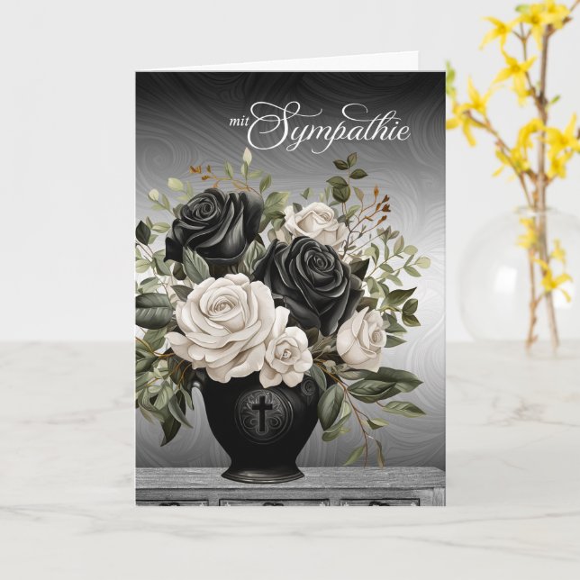 German Sympathy Vase of Black and White Roses Karte (Gelbe Blume)