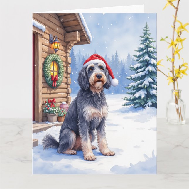 German Wirehaired Pointer Snowy Lodge Santa Hat Karte (Gelbe Blume)