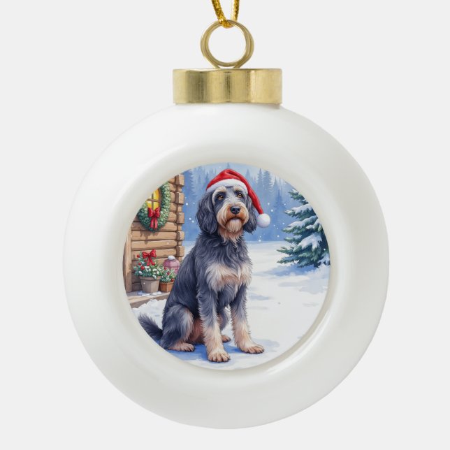 German Wirehaired Pointer Snowy Lodge Santa Hat Keramik Kugel-Ornament (Vorderseite)