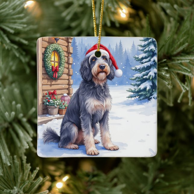German Wirehaired Pointer Snowy Lodge Santa Hat Keramikornament (Baum)