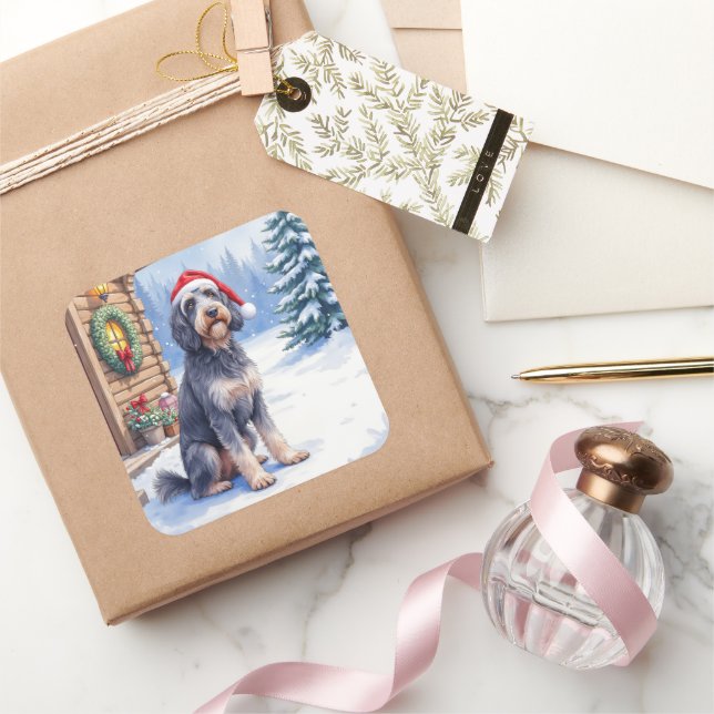 German Wirehaired Pointer Snowy Lodge Santa Hat Quadratischer Aufkleber (Schenken)