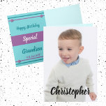 Gerne Geburtstagsfeier Grandson Foto Karte<br><div class="desc">Ersetzen Sie das Foto auf der Vorderseite und den Namen. Fügen Sie den Text in Happy Birthday Special Grandson ein bzw. ersetzen Sie ihn. Die Innenausstattung ist lila und türkisfarben. **Wenn der schwarze Text auf der Vorderseite nicht gegen Ihr Foto angezeigt wird, klicken Sie auf diese Vorlage personalisieren/personalisieren, scrollen Sie...</div>