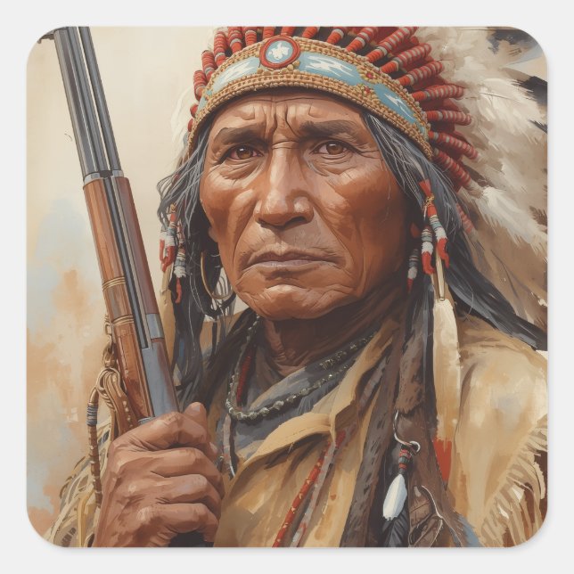 Geronimo Indian Chief Warrior Portrait Quadratischer Aufkleber (Vorderseite)