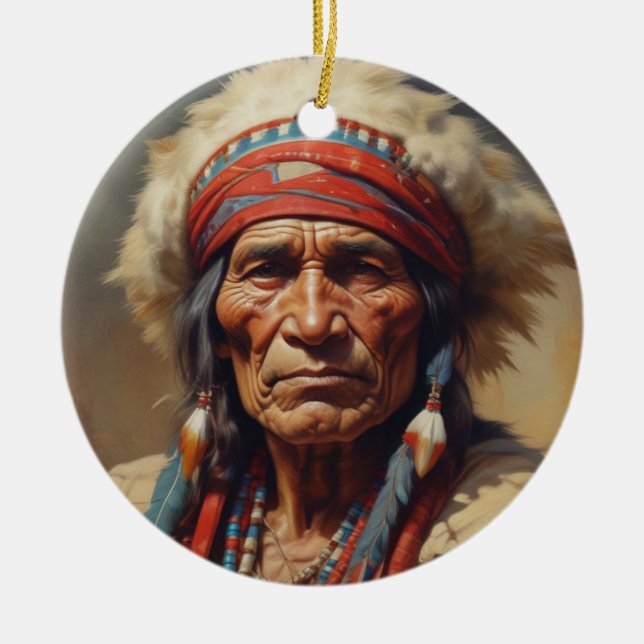 Geronimo Indischer Chefkrieger Portrait Keramik Ornament (Vorne)