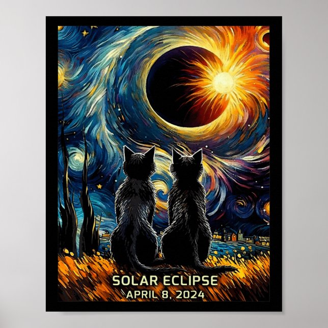 Gesamt Solar Eclipse 8. April 2024 Van Gogh Cat Li Poster (Vorne)