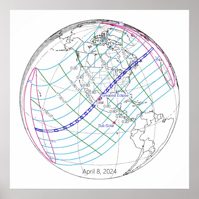 Gesamter Solar-Eclipse 2024 Globaler Pfad Poster (Vorne)