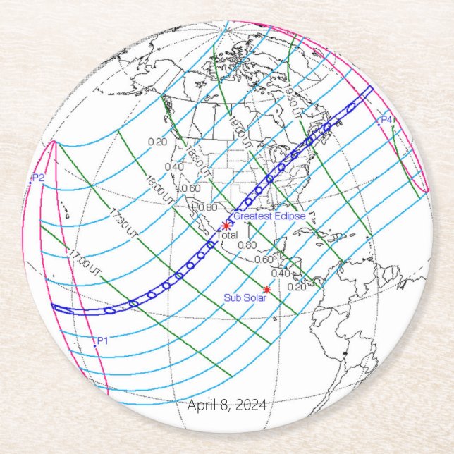 Gesamter Solar-Eclipse 2024 Globaler Pfad Runder Pappuntersetzer (Vorderseite)