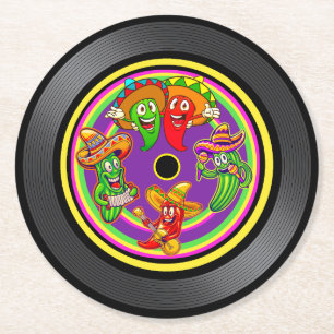 Gesangsende Paprikaschoten und Kaktus Vinyl Record Runder Pappuntersetzer