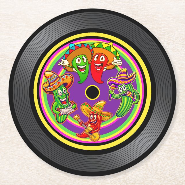 Gesangsende Paprikaschoten und Kaktus Vinyl Record Runder Pappuntersetzer (Vorderseite)