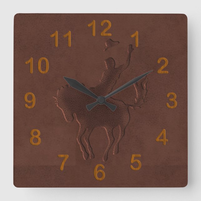 Geschädigter Leder Cowboy auf Pferd Quadratische Wanduhr (Vorderseite)