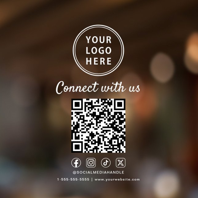 Geschäft Logo QR-Code Soziale Medien Weiß Fensteraufkleber (Business Logo QR Code Connect With Us White Window Cling)