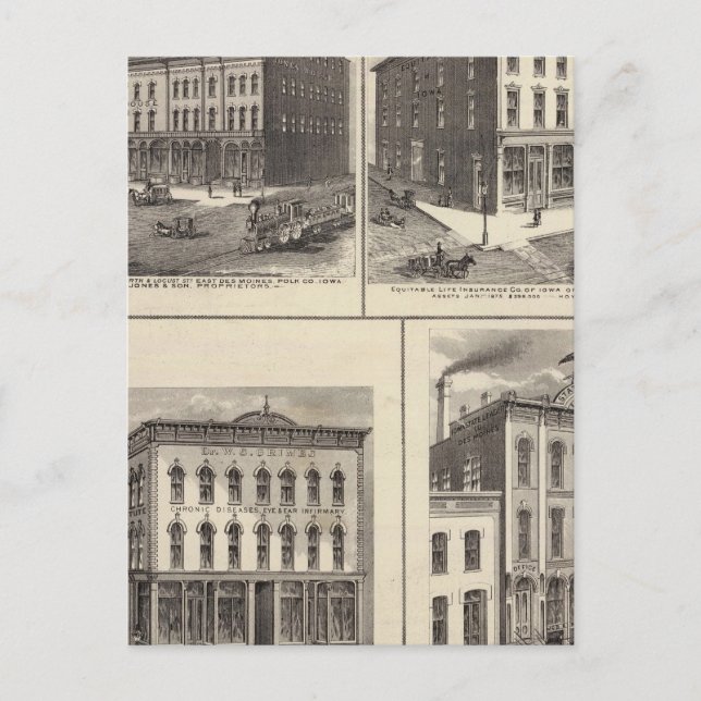 Geschäfte in East des Moines und Des Moines, Iowa Postkarte (Vorderseite)