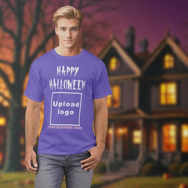 geschäftliche Halloween-Begrüßung auf Lila T - Shi T-Shirt (Halloween greeting, business name and logo on purple t-shirt)