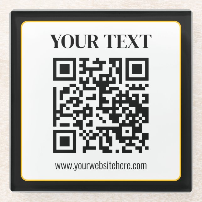 Geschäfts-QR-Code mit oberem und unterem Text, Sch Glasuntersetzer (Vorderseite)