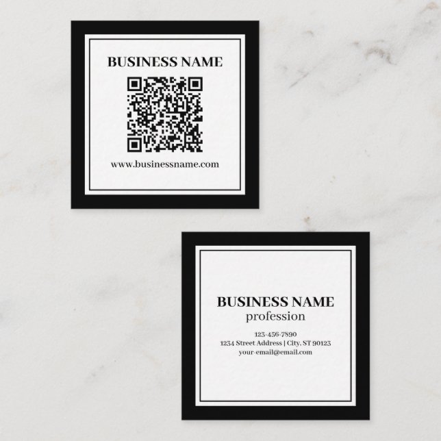 Geschäfts-QR-Code | Schwarz & Weiß Quadratische Visitenkarte (Vorne/Hinten)