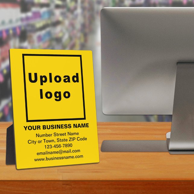 Geschäftsinformationen zur gelben Ebene Fotoplatte (Advertise your business. Build brand name awareness. Your business brand on yellow plaque.)