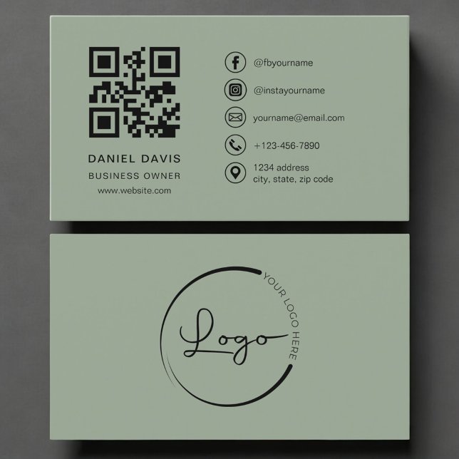 Geschäftsinhaber Sage Green Logo QR-Code  Visitenkarte (Von Creator hochgeladen)